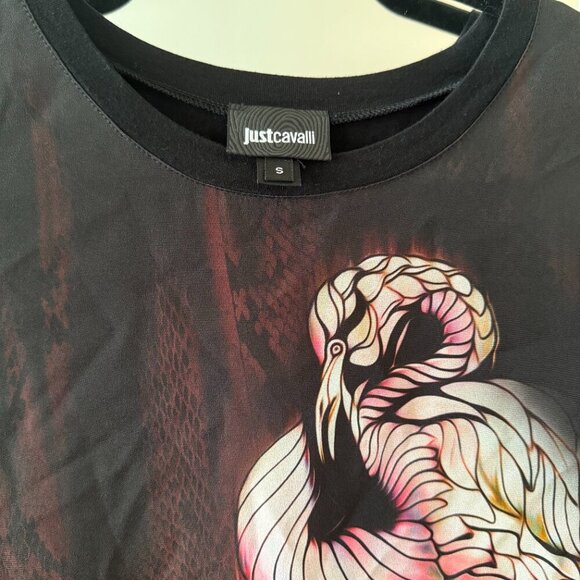 Just Cavalli Flamingo Print Tee Short Sleeve Size Small Color Black Pink Red - Picture 2 of 6